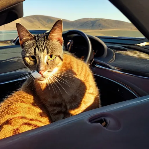 Image similar to cat sitting in driver seat of a cabriolet, golden hour, top view, car chase, golden ratio