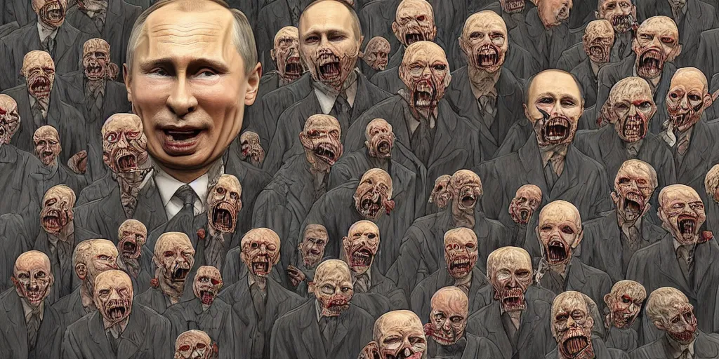 Prompt: vladimir putin's face is eaten by worms, in the background an army of zombies with their mouths sewn shut with wire in the shape of the letter z, drawn in the style of ralph mcquarrie, photorealistic, hyperdetailed