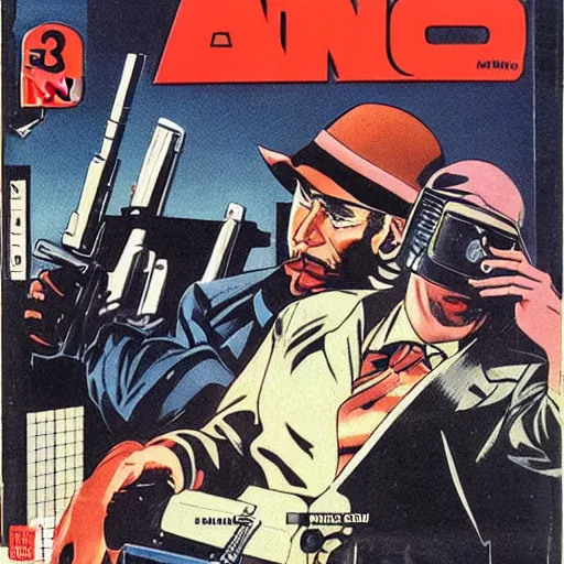 Prompt: 1979 OMNI Magazine Cover bank robbers, Bank Robbery Movie, Anime, Highly Detailed, Inspired by Golgo 13 + Lupin the 3rd , 8k :4 by Vincent Di Fate : 8