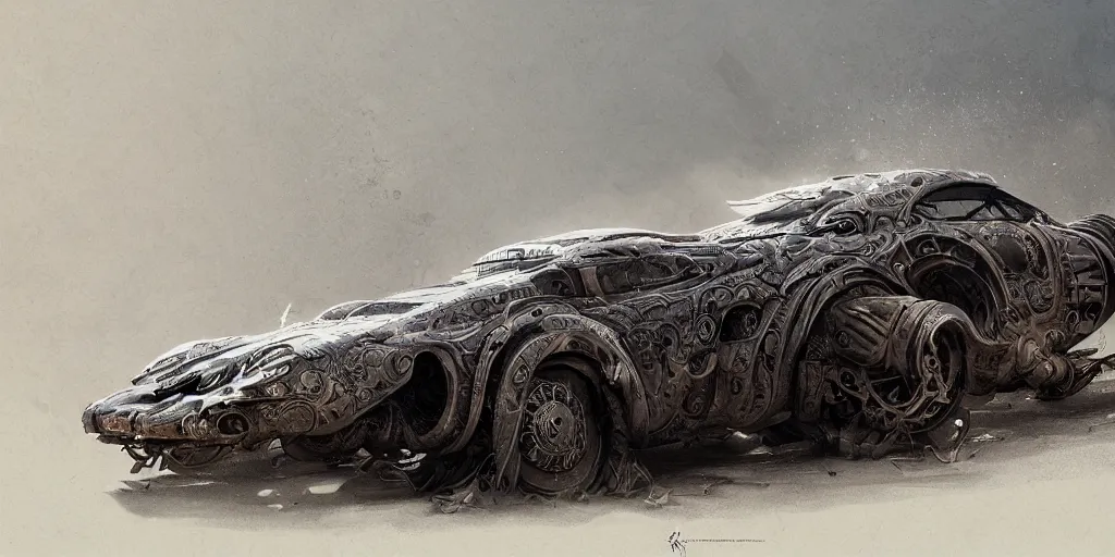 Prompt: full view of a car, intricate, elegant, highly detailed, digital painting, concept art, smooth, sharp focus, art style from wang ke and greg rutkowski and bruce kaiser and scott robertson and dmitry mazurkevich and doruk erdem and jon sibal, small style cue from blade runner and mad max