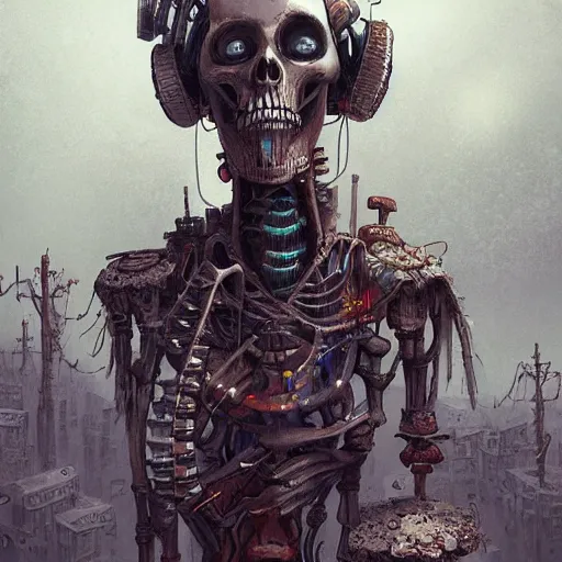 Prompt: a cyberpunk skeleton in a steampunk village by anton semenov and android jones, digital art, trending on artstation