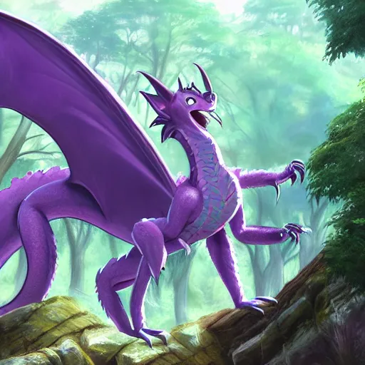 Image similar to concept art painting of an anthropomorphic purple humanoid furry dragon, in the deep forest, realistic, detailed, cel shaded, in the style of makoto shinkai and greg rutkowski and james gurney