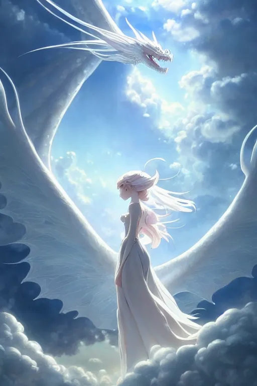 Image similar to beautiful scene render that a princess rely on a huge silver white dragon back, finely detailed angelic face delicate features, in the fairyland surrounded by white clouds, perfectly shaded, atmospheric lighting, style of makoto shinkai and peter mohrbacher, studio ghibli. artgerm, karol bak, beeple, animation style, 4 k hd, hyper detailed