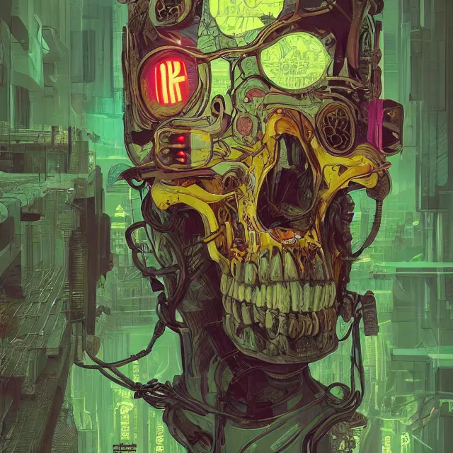 Image similar to a beautiful painting of a ( cyberpunk ) skull by simon stalenhag and pascal blanche and alphonse mucha! and nekro. in style of digital art. colorful comic, film noir, symmetry, hyper detailed. octane render. trending on artstation