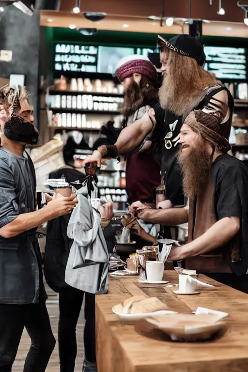 Prompt: vikings in modern city try to buy coffee in starbucks