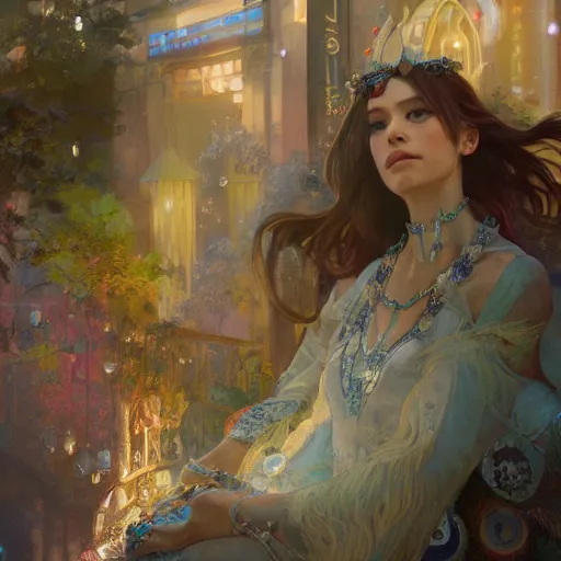 Image similar to noami osaka, adorned with precious stones, tiara and necklace by jeremy mann and alphonse mucha, photo realistic, dynamic lighting, windy, artstation, poster, dreamy, volumetric lighting, ethereal, 4 k, high detail
