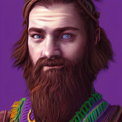 Image similar to A professional digital portrait painting of a D&D druid, painted in the style of Wes Anderson, 4k, digital art, trending on cgsociety, highly detailed, upper body shot, shallow depth of field, purple and yellow lighting, professional lighting, airbrush,