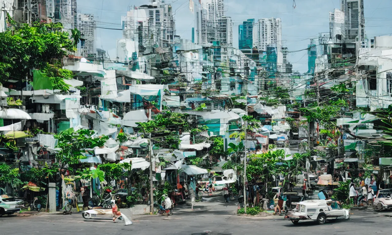 Prompt: Street scene of a utopian futuristic Manila with green plants and organic white buildings and Filipino architecture