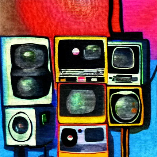 Prompt: fuzzy, furry, array of crt televisions, tv static, antenna, stacked, polaroid, steroids, adult video store, impressionist painting, painting, acrylic painting, cell shaded