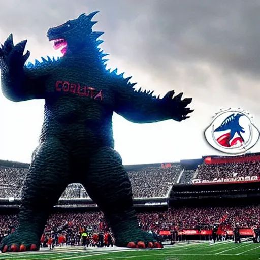 Prompt: Godzilla attacking Gillette Stadium as coach Belichick desperately tries to defend it