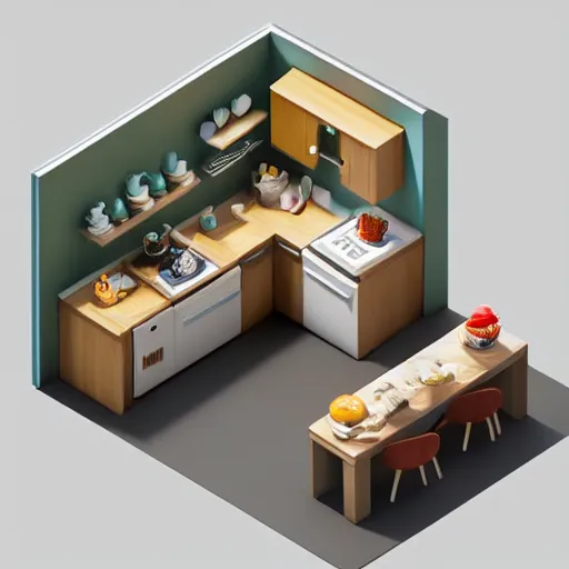 Image similar to isometric mini chubby kitchen, c 4 d style, 1 0 0 mm, depth of field, octane render, studio lighting