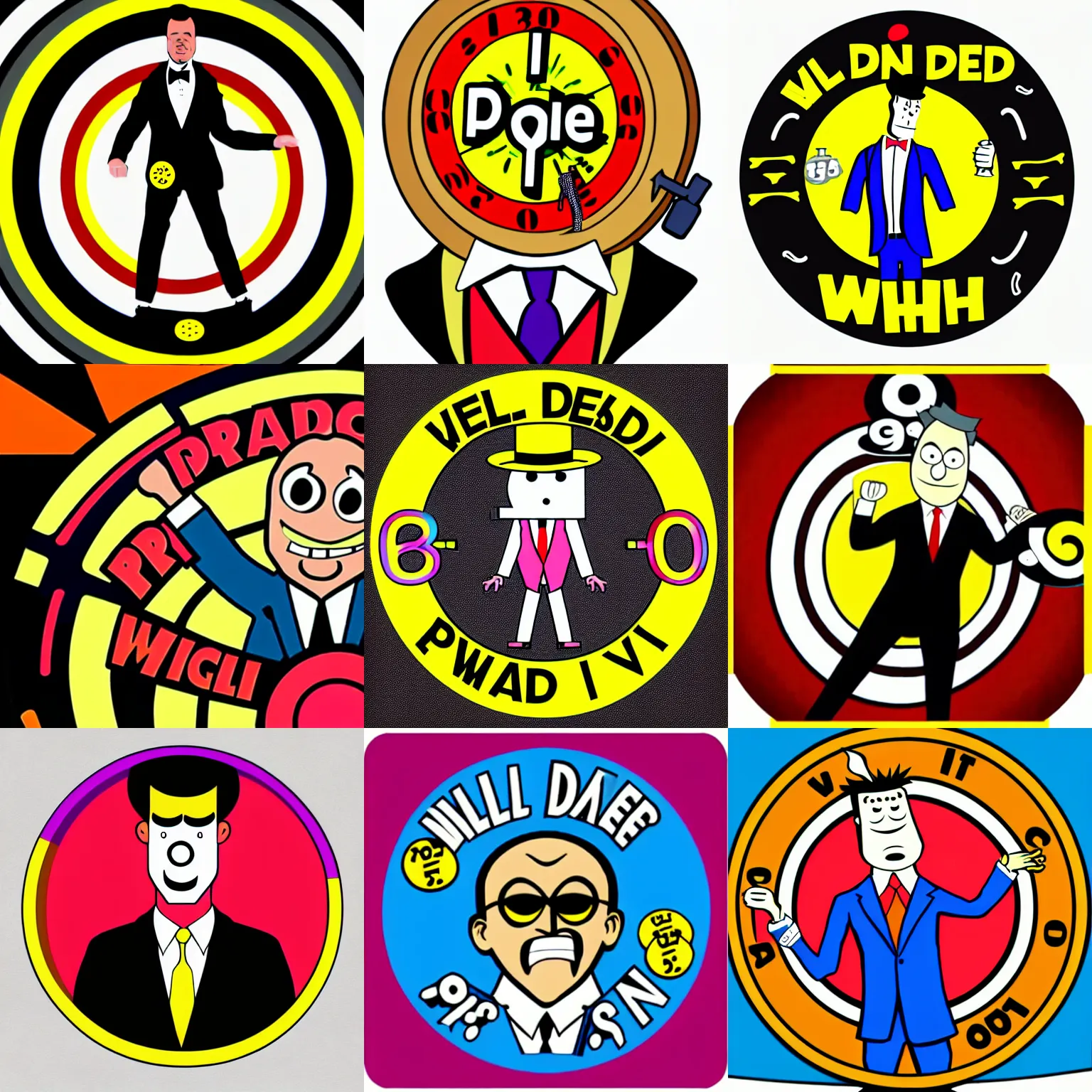 Prompt: well dressed man spinning price is right wheel, artwork, adult swim style, logo