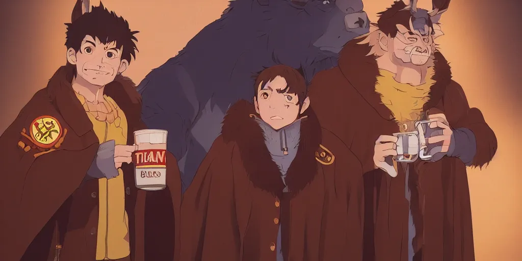 Image similar to a two german shepherds beast - men, holding a mug of beer, a lot of pockets, fur cape, tavern background, magical, bright, colorful, fantastic lighting, amazing details, 4 k uhd, illustration by hayao miyazaki and makoto shinkai and ilya kuvshinov, artstation, pixiv,