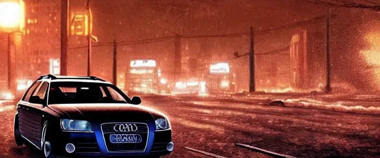 Prompt: Audi A4 B6 Avant (2002) in a car chase, a gritty neo-noir, dramatic lighting, cinematic, establishing shot, extremely high detail, photorealistic, cinematic lighting, artstation, by simon stalenhag, Max Payne (PC) (2001) winter new york at night, dark night, bright lights, simon stalenhag eldritch horror