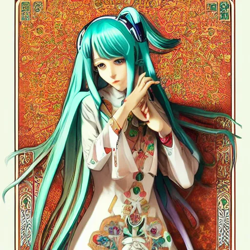 Image similar to hatsune miku, artwork by Alphonse Mucha, highly detailed, manga, anime