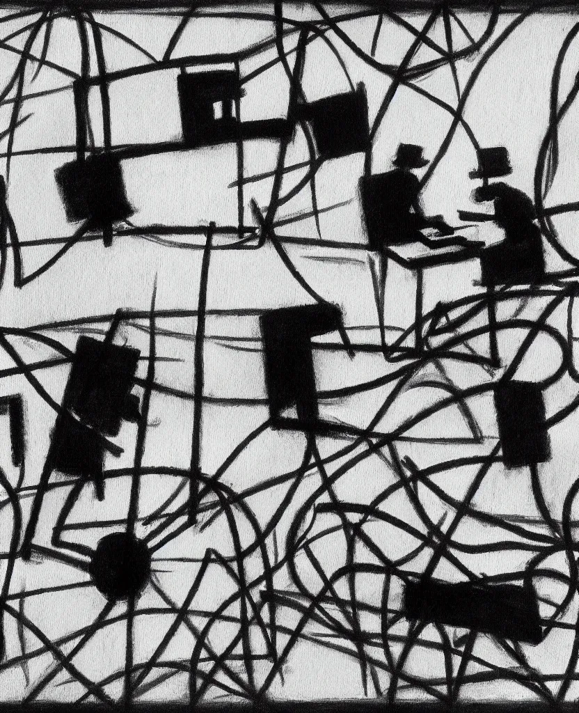 Image similar to cog video still frames of a painting of a hand writing a letter, war in background, stop motion, minimal, black and white, painted by escher