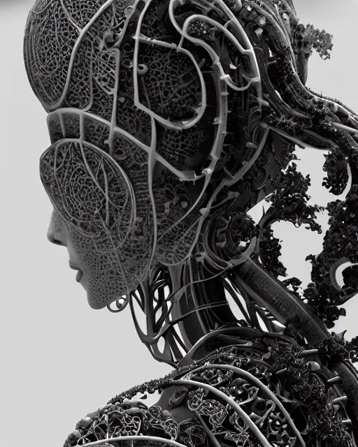 Image similar to mythical black and white organic bio-mechanical spinal ribbed profile face portrait detail of mechanical beautiful female angelic-vegetal-cyborg, highly detailed, intricate steampunk ornate, poetic, 3D render, digital art, octane render, 8K artistic photography, photo-realistic, by Dora Maar