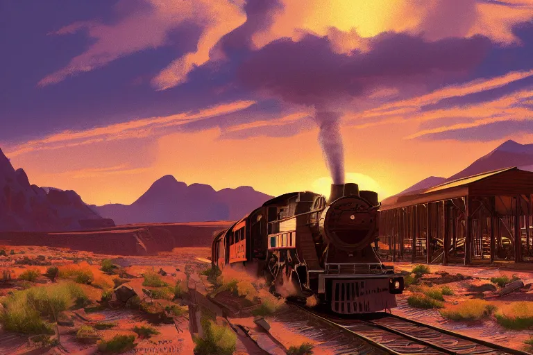 Image similar to idyllic old western train station illustration by syd mead, artstation, 4 k, graphic novel, concept art, matte painting, steam engine spewing billowy clouds of steam, beautiful mountain desert sunset background, golden hour