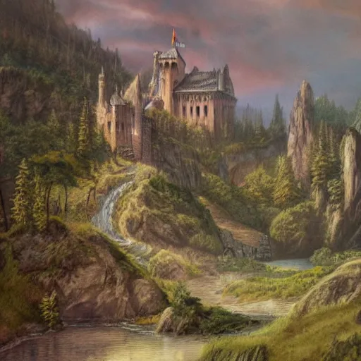 Image similar to A fantasy painting of a castle in a deep valley, lots of detail