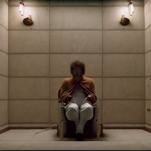 Image similar to hyperrealism aesthetic ridley scott and denis villeneuve style photography of a detailed giant, siting on a detailed ultra huge toilet and scrolling his smartphone in hyperrealism scene from detailed art house movie in style of alejandro jodorowsky and wes anderson