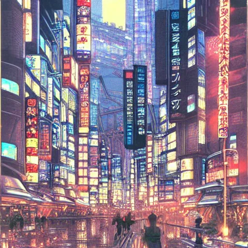 Prompt: futuristic japanese city illustration by yoshitaka amano,