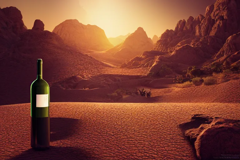 Prompt: wine bottle buried in oasis in the middle of a desert, dramatic, mid day, mountain background, large scale, hyperrealistic, lots of detail, realistic lighting, octane render, by wlop, artgerm, trending on artstation