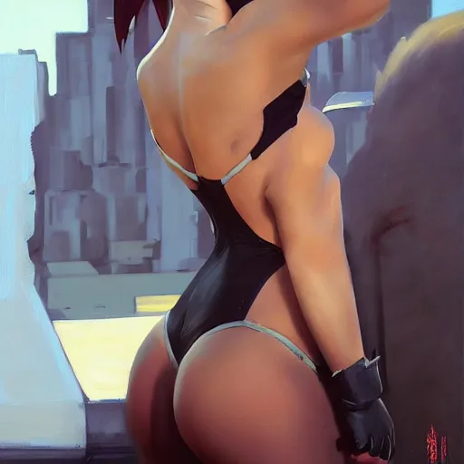 Image similar to greg manchess portrait painting of yorha type a no. 2 as tracy from overwatch from behind in a bikini, organic painting, sunny day, matte painting, bold shapes, hard edges, street art, trending on artstation, by huang guangjian and gil elvgren and sachin teng