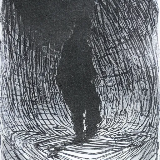 Prompt: ink pen drawing of a dark sewer with a man's silhouette, inverted colors