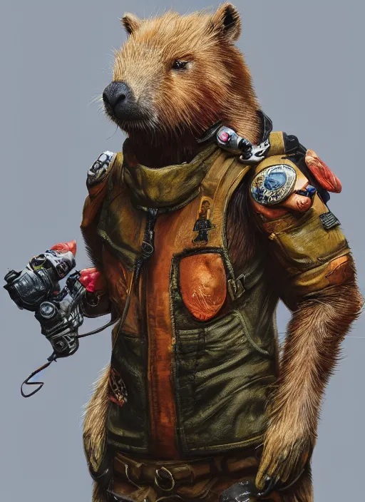 Image similar to detailed full body concept art illustration realistic portrait oil painting of an anthropomorphic capybara pilot in full intricate clothing, biomutant, ultra detailed, digital art, octane render, 4K