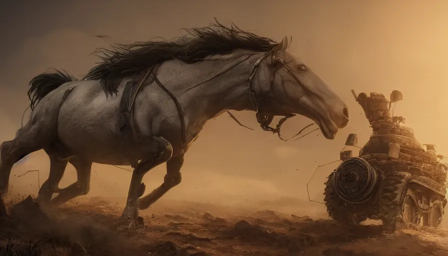 Image similar to hybrid of a happy horse and sad tank, beautiful detailed face, ultra realistic, concept art, intricate details, serious, highly detailed, photorealistic, octane render, 8 k, unreal engine.