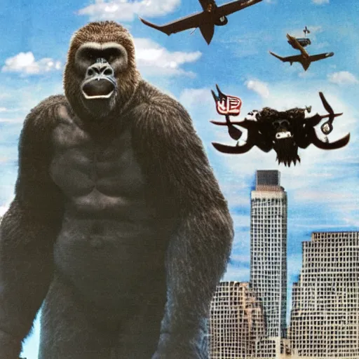 Image similar to george w bush as king kong fighting osama bin ladin as godzilla in front of the world trade centers with two airplanes in the sky