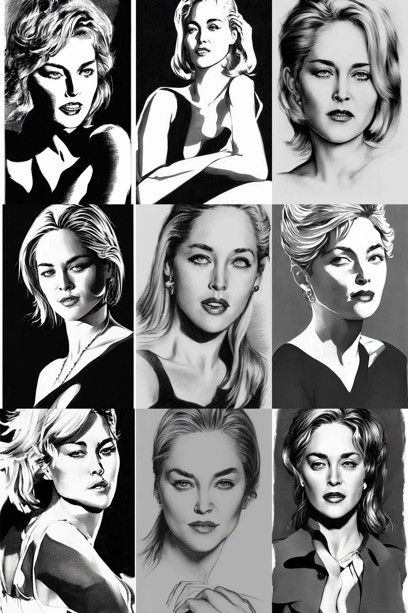 Prompt: black and white pen and ink drawing of young sharon stone, 2 2 years old by rob rey and jesper ejsing, artstation, above lighting, long shadows, 1 9 5 0 s style