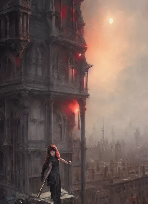 Image similar to a teenage girl with very short dark hair and a tattered grey cloak. she stands on top of a building in a gothic fantasy city. the sky has a red glow and ash is falling. beautiful painting by greg rutkowski