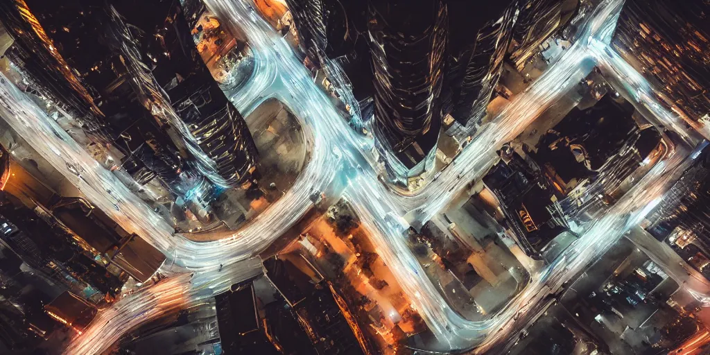 Prompt: a city street at night, raining, photograph, cars on the road, cyberpunk, sharp focus, intricate detail, drone shot, quick shutter speed