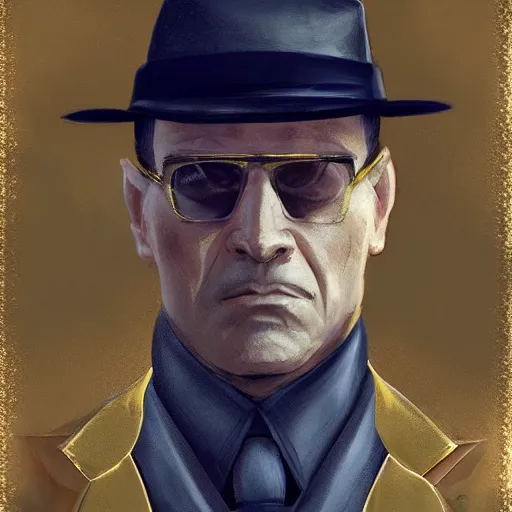 Image similar to “A portrait of a mafia boss in a golden suit, D&D sci-fi, artstation, concept art, highly detailed illustration.”
