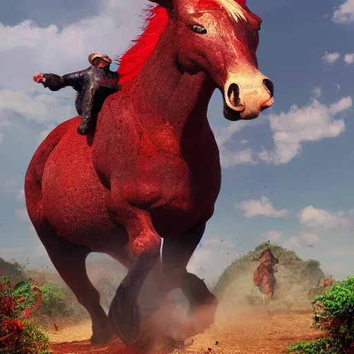 Image similar to Red ogre riding a horse, realistic, HD,