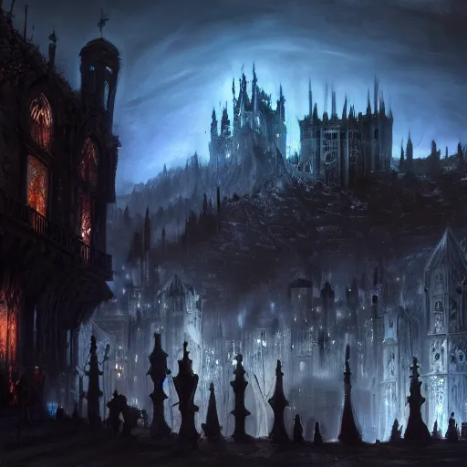 Image similar to fantasy dark medieval gothic cityscape on hill, painting, lights, darkness, lanterns, people in the streets, small buildings, city wall, dark fantasy, magic the gathering, blue tint, detailed, sharp focus, hyperrealistic, fantastic artwork, 4 k, artstation, high fantasy, ravnica, volumetric lighting, strong contrast, dark sky, far shot