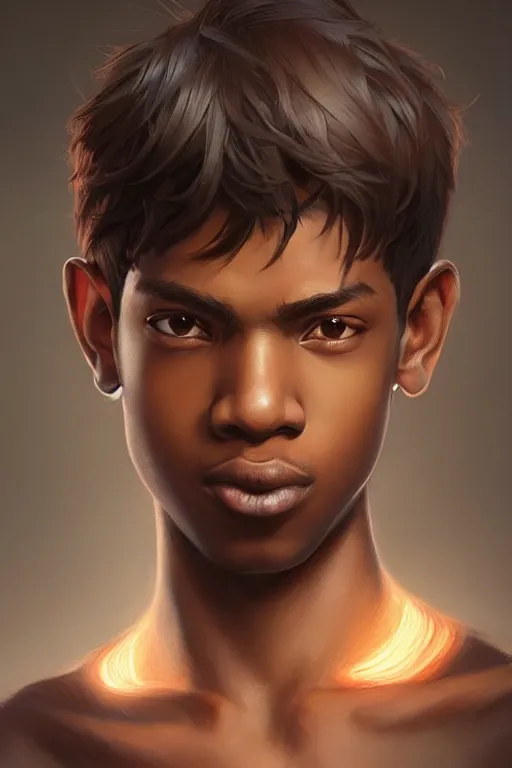 Image similar to young teenager boy with straight short brown hair, dark skin, big lips. highly detailed, d & d, fantasy, highly detailed, digital painting, trending on artstation, concept art, sharp focus, illustration, art by artgerm and greg rutkowski and fuji choko and viktoria gavrilenko and hoang lap