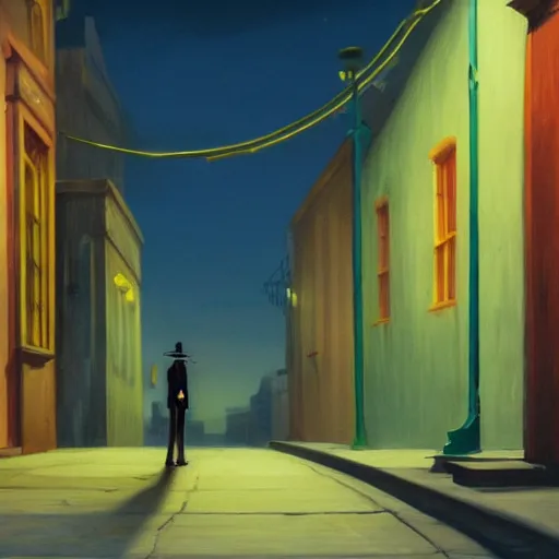 Image similar to a lonely street of a steampunk city at night, only one sad man walking down the street, in the style of Edward hopper, 4k,