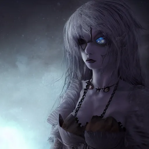 Image similar to full shot portrait of angry darkness anime girl at moonlight, gothic wearing, inspired by Tim Burton, WLOP, Marc Simonetti, Amano, Andrei Riabovitchev, detailed, unreal engine 4k volumetric light, fog,