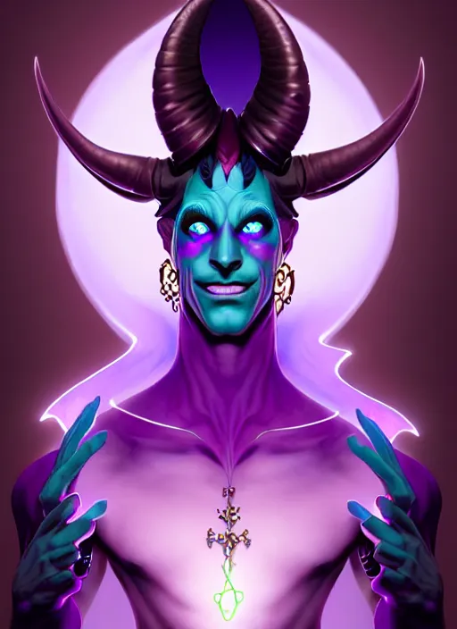 Prompt: symmetry!! portrait of a feminine mischievous trickster male purple and teal skinned tiefling with demon horns and piercings bard, glowing lights!! intricate, elegant, highly detailed, digital painting, artstation, concept art, smooth, sharp focus, illustration, art by artgerm and greg rutkowski and alphonse mucha