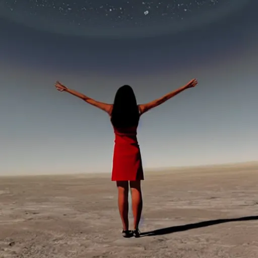 Prompt: woman standing on the surface of the planet saturn, looking at the rings in the sky