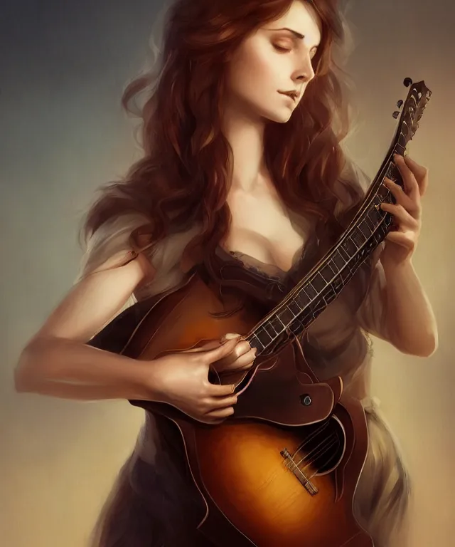 Prompt: bard playing guitar by charlie bowater and titian and artgerm, full body portrait, intricate, face, elegant, beautiful, highly detailed, dramatic lighting, sharp focus, trending on artstation, artstationhd, artstationhq, unreal engine, 4 k, 8 k