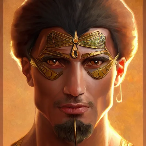 Image similar to male egyptian warrior, D&D, painted fantasy character portrait, headshot, intricate, elegant, highly detailed, digital painting, artstation, concept art, sharp focus, illustration, art by artgerm and greg rutkowski and alphonse mucha