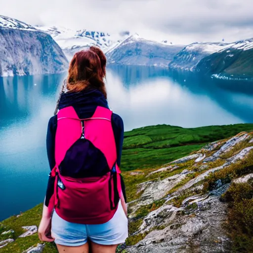 Image similar to a young woman with long pink hair looking at fjords, hiking clothes, tank top, backpack, norway, fjords in background, cinematic, beautiful, stunning, day time, epic, 8 k, 1 6 : 9