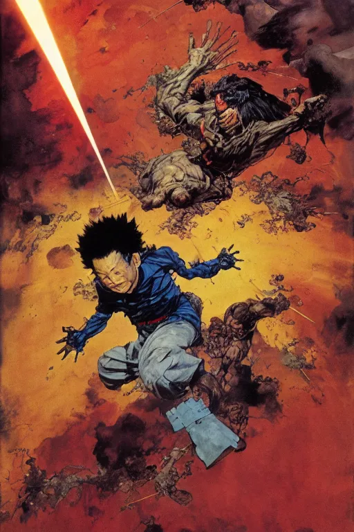 Prompt: full page detailed color illustration of tetsuo being hit by an orbital laser beam from the sky, by Katsuhiro Otomo, ilya repin, frank frazetta, 8k, hd, high resolution print