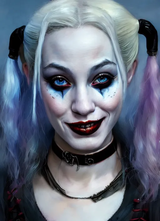 Image similar to highly detailed portrait of a beautiful harley quinn, in batman : arkham asylum, stephen bliss, 8 k, unreal engine, fantasy art by greg rutkowski, loish, rhads, ferdinand knab, makoto shinkai and lois van baarle, ilya kuvshinov, rossdraws, tom bagshaw, global illumination, radiant light, detailed and intricate environment