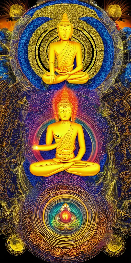 Image similar to rainbowcore, golden buddha glowing, surrounded by lotus, with the sun shining with the moon, with detailed mandala filled with fractals, bioluminescence, glowing runes, de-noise, symmetrical composition, high detailed, ornate border, 8k, vray,