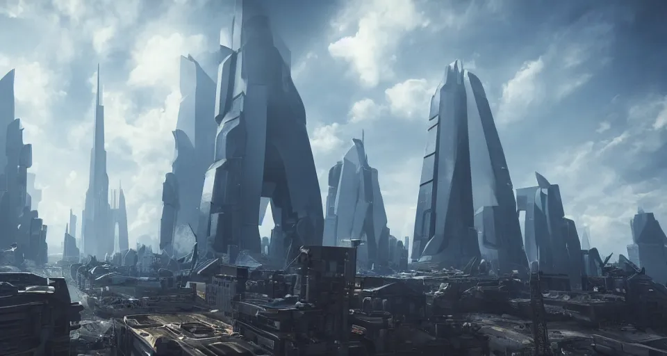 Image similar to a photo of monolithic mech reaching through the clouds towering over astronauts in a futuristic city, ultra realistic, hyper - detailed, unreal engine, raytraced lighting,