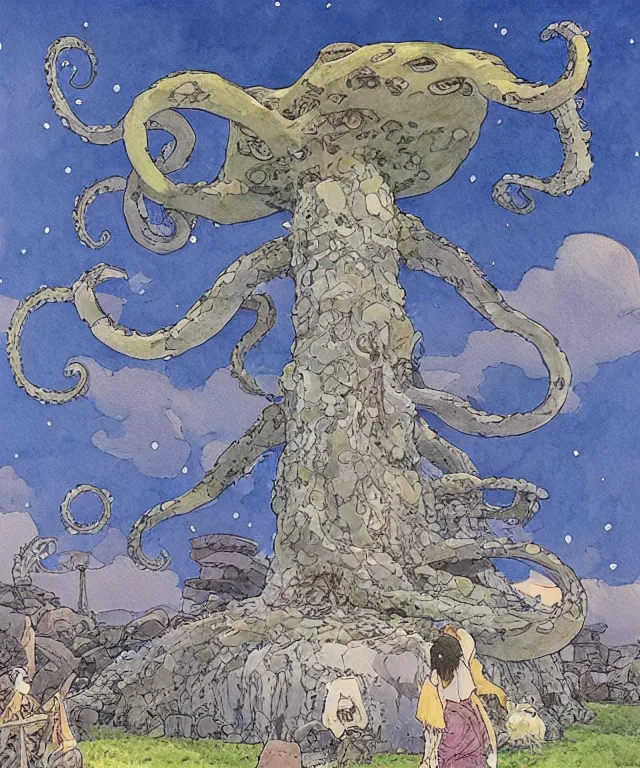 Image similar to a hyperrealist studio ghibli watercolor fantasy concept art. in the foreground is a giant grey octopus lifting and putting stones in to place on top of stonehenge with a starry sky. by rebecca guay, michael kaluta, charles vess